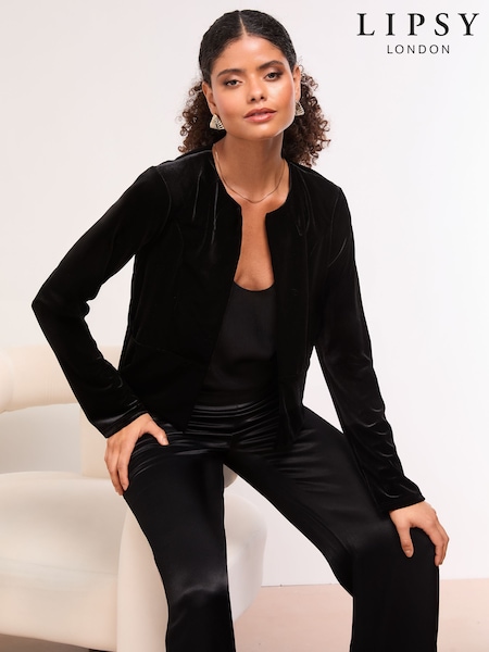 Žamet v črni barvi - Lipsy Cropped Collarless Blazer (H57459) | € 50
