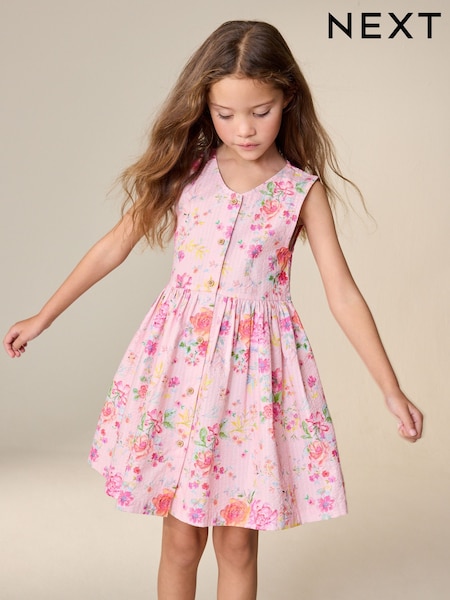 Pink Floral Stripe Short Sleeve Button Through Dress (3-16yrs) (H57502) | ৳ 2,280 - ৳ 3,220