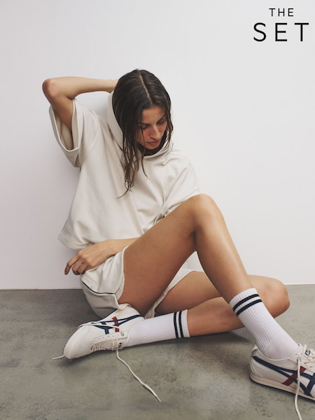 The Set Soft Touch Ribbed Sweat Hoodie And Shorts Set Cream (H57511) | 187 SAR