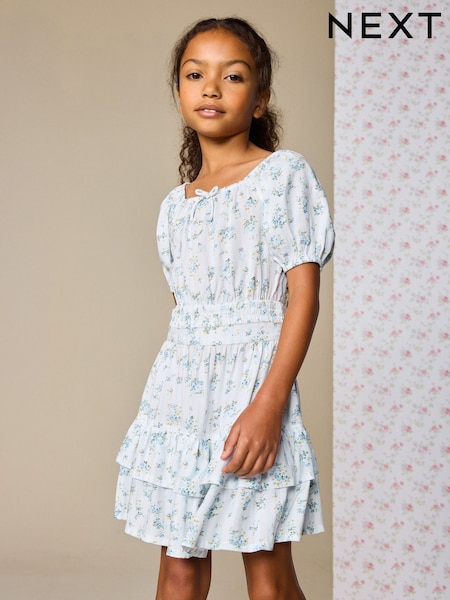 Blue Ditsy Stripe Puff Sleeve Blouse and Skirt Set (3-16yrs) (H57514) | ¥ 4,450 - ¥ 5,660
