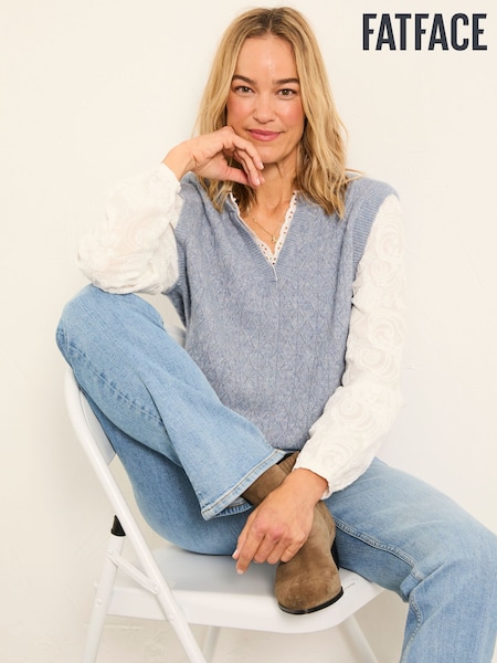 شامبراي أزرق - FatFace Knitted and Woven 2in1 Top (H57535) | ‏322 ر.ق.