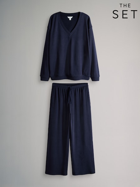 The Set Waffle V-Neck Sweat Top And Wide Leg Jogger Set Navy (H57552) | AED186
