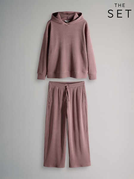The Set Ribbed Hoodie And Wide Leg Jogger Set Pink (H57554) | AED210