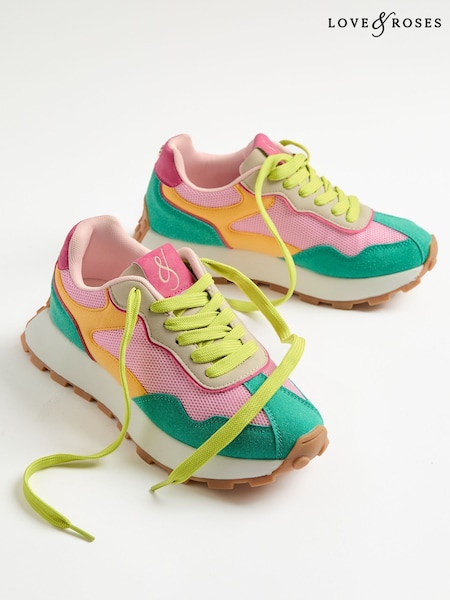 Love & Roses Green Pink Multi Mix Material Retro Comfort Jogger Trainers (H57556) | AED285