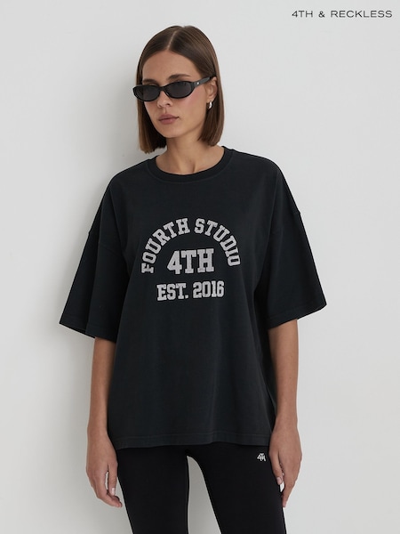 4th & Reckless Black Oversized Acid Wash Distressed Slogan Finn T-Shirt (H57611) | €37