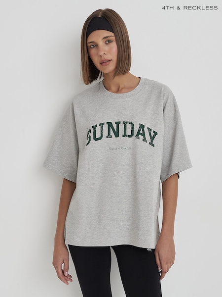 4th & Reckless Grey Grey Sunday Distressed Slogan Oversized T-Shirt- Scarlett (H57612) | €35
