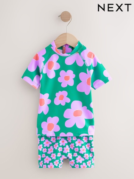 Green Stampy Floal - Short Sleeved Sunsafe Swim Set (3mths-10yrs) (H57628) | ‏78 ر.ق. - ‏88 ر.ق.