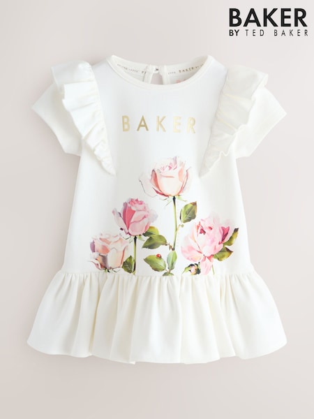Baker by Ted Baker White Rose Print Frill Peplum Hem Dress (H57784) | 223 LEI - 246 LEI