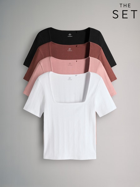 The Set Black/Brown/Neutral/White 4 Pack Textured Ribbed Square Neck Half Sleeve T-Shirts (H57876) | 125 QAR