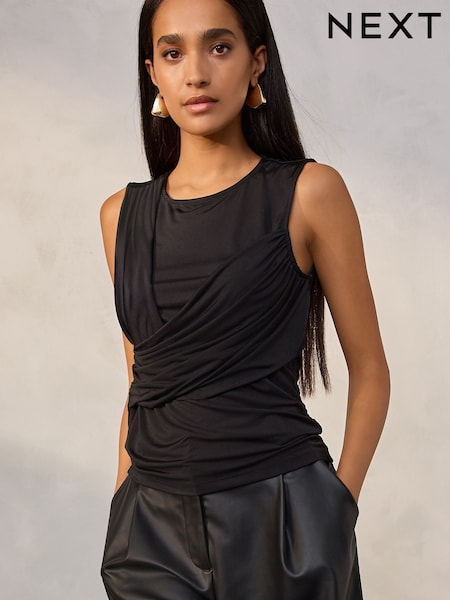 Black Sleevless Ruched Drape Front Top (H57881) | €33.50