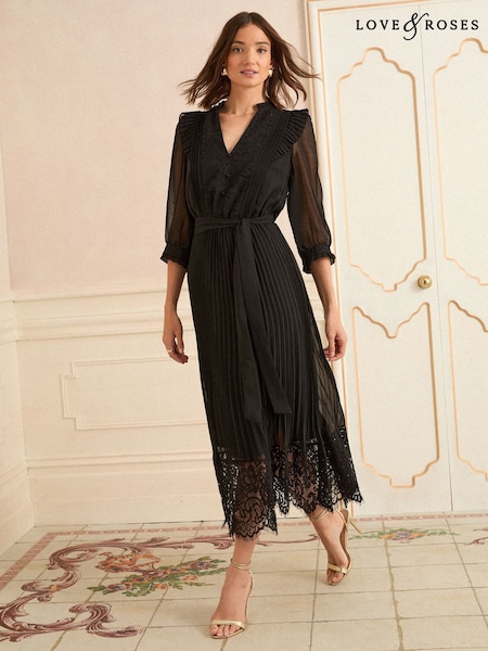 Love & Roses Black Lace Detail Pleated 3/4 Sleeve Midi Dress (H58037) | 391 QAR