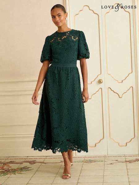 Love & Roses Teal Blue Petite Lace Short Sleeve Midi Dress (H58042) | €209