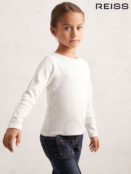 Reiss White Poppy Cotton Pointelle Long-Sleeve Top (H58107) | AED187