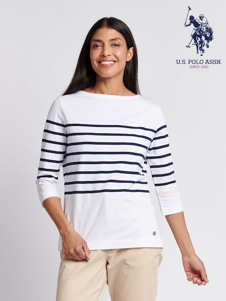 U.S. Polo Assn. Blue Womens Stripe 3/4 Sleeve Boatneck T-Shirt (H58285) | AZN 88