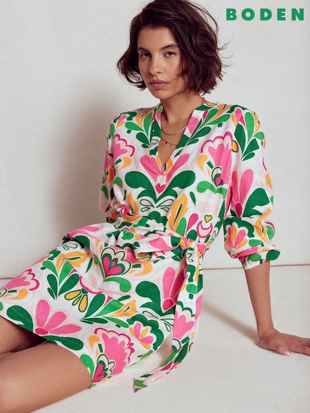 Boden Green Cleo Linen Tie Waist Dress (H58346) | €174