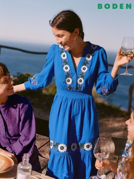Boden Blue Elena Double Cloth Embroidered Midi Dress (H58358) | R$ 1.245