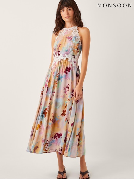 Monsoon Mia Floral Print Embroidered Halter Midi Dress (H58534) | €212