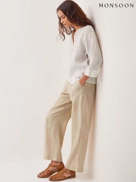 Monsoon Natural Jolie Short Linen Wide Leg Trousers (H58540) | ₪347