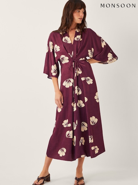 Monsoon Purple Roz Floral Print Wrap Midi Dress (H58551) | €106