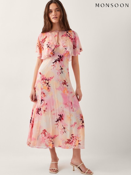 Monsoon Pink Mia Floral Print Cape Midi Dress (H58559) | € 218