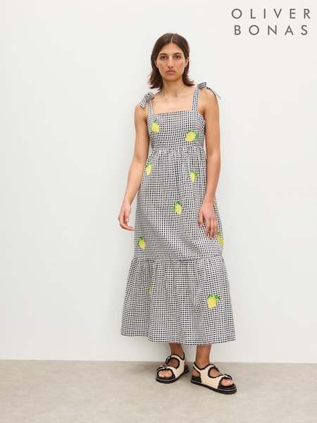 Oliver Bonas Black Gingham Lemon Embroidered Tiered Midi Dress (H58578) | €113