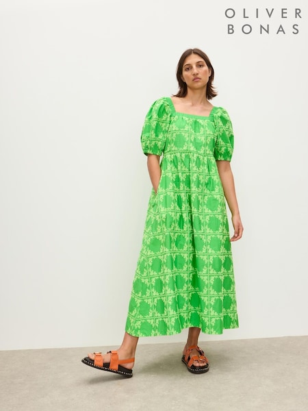 Oliver Bonas Floral Print Broderie Tile Puff Sleeve Midi Dress (H58581) | 670 LEI
