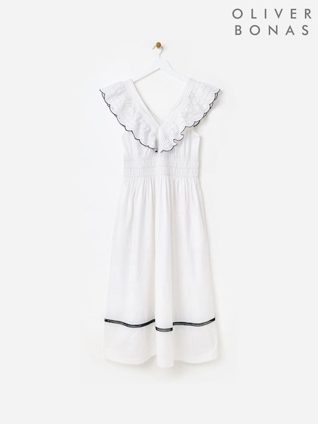 Oliver Bonas White & Black Broderie Frill V-Neck Midi Dress (H58589) | R$ 790