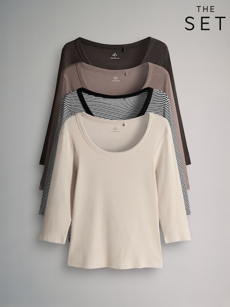The Set Black/Stripe/Grey/White 4 Pack Scoop Neck 3/4 Sleeve Ribbed T-Shirts (H58631) | €36