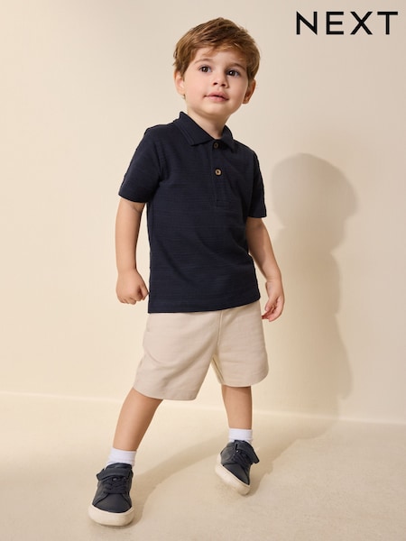 أزرق داكن - Short Sleeve Textured Polo Shirt and Shorts Set (3mths-7yrs) (H58640) | ‏61 د.إ.‏ - ‏ 81‏ د.إ.