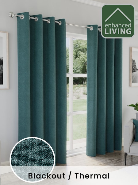 Enhanced Living Teal Austin Blackout Thermal Linen Look Pair of Eyelet Curtains (H58642) | €50 - €143