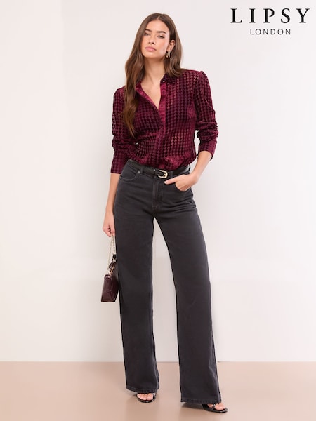Lipsy Burgundy Velvet Dogtooth Shirt (H58721) | €56