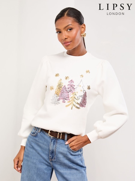 Lipsy Sequin Christmas Tree Sweatshirt (H58728) | R$ 345