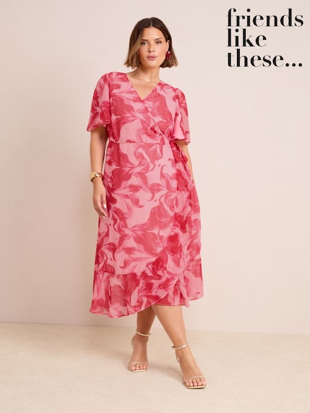 Friends Like These Pink Floral Curve Chiffon Mix Flutter Sleeve Wrap Dress (H58767) | €86