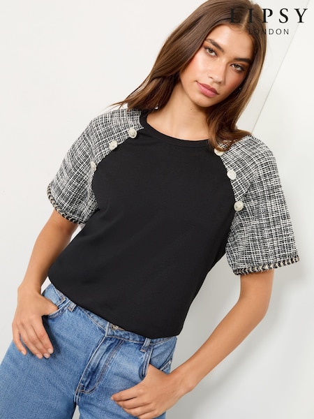 Lipsy Black Boucle Military Button Crew Neck T-Shirt (H58850) | R$ 345