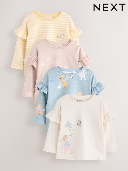 Neutral/Blue Frill Detail Long Sleeve Tops 4 Pack (3mths-7yrs) (H58991) | SGD 39 - SGD 47