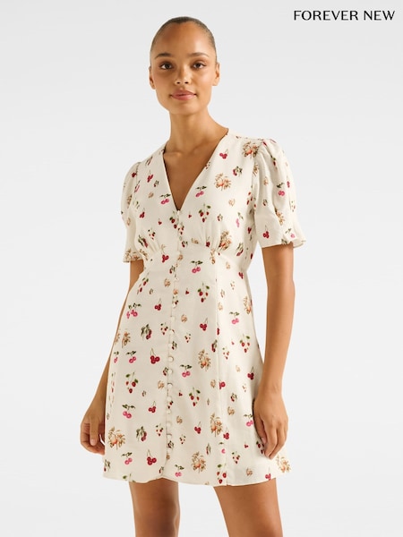 Forever New Cream Mini Berna Printed Dress Contains Linen (H59138) | R$ 790