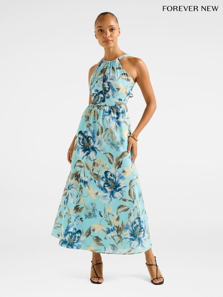 Forever New Blue Dakota Printed Halter Neck Midi Dress Contains Linen (H59139) | € 172