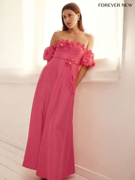 Forever New Pink Cora Floral Print Appliqué Midi Dress Contains Linen (H59146) | € 234