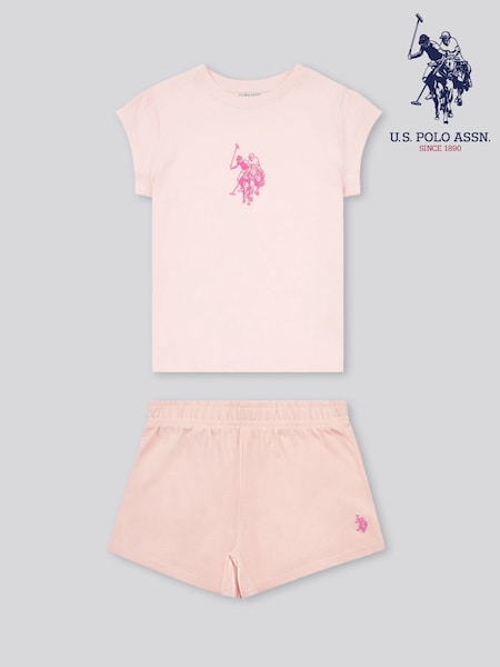 U.S. Polo Assn Pink Girls Double Horsemen Top & Pique Shorts Set (H59149) | €51 - €60