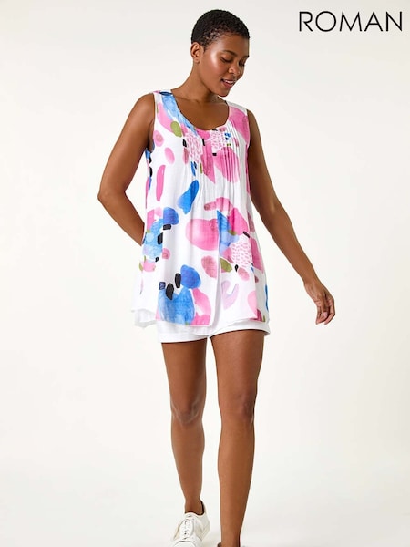 Roman Pink Abstract Print Pintuck Overlay Vest Top (H59161) | 247 QAR