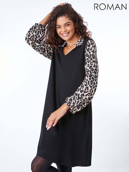 Roman Black Contrast Leopard Print Swing Dress (H59167) | €63