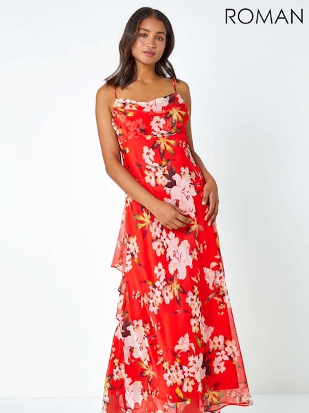 Roman Red Floral Print Cowl Neck Chiffon Dress (H59177) | AZN 209