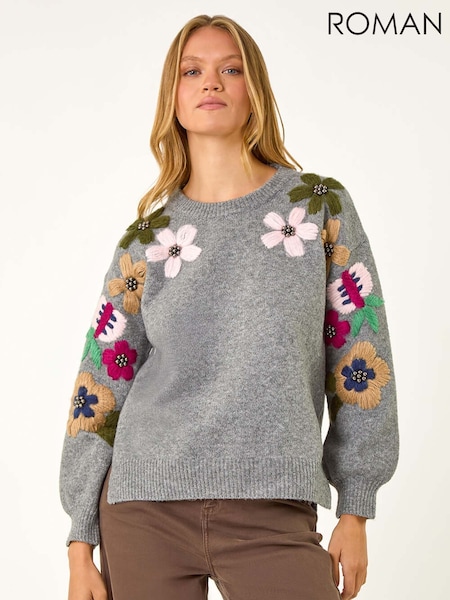 Roman Grey Floral Print Emellished Jumper (H59178) | €68