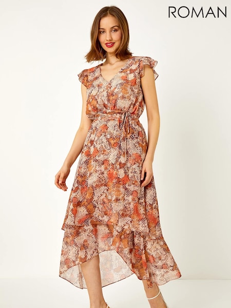 Roman Brown Snake Print Asymmetric Tiered Midi Dress (H59189) | € 109
