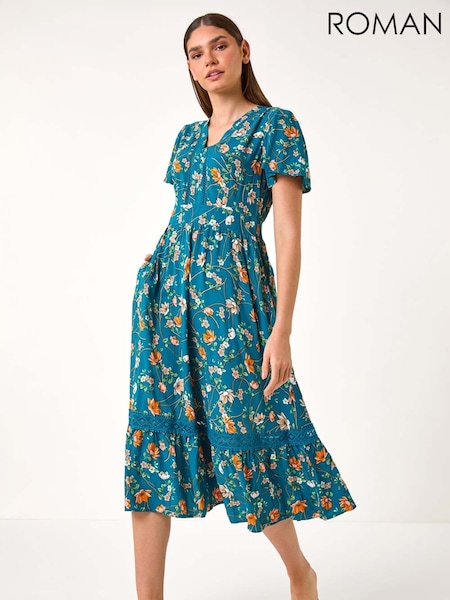 Roman Green Floral Print Lace Trim Pocket Midi Dress (H59197) | €78