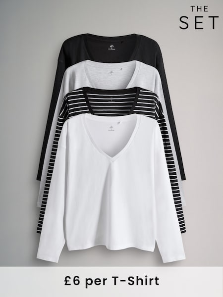 The Set Black/Grey/White/Stripe 4 Pack Relaxed V-Neck T-Shirts (H59338) | €31