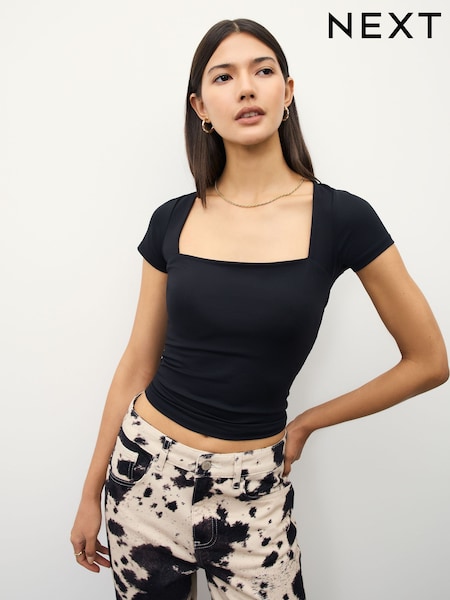 Preto - Soft Touch Square Neck Short Sleeve Top (H59413) | R$ 190
