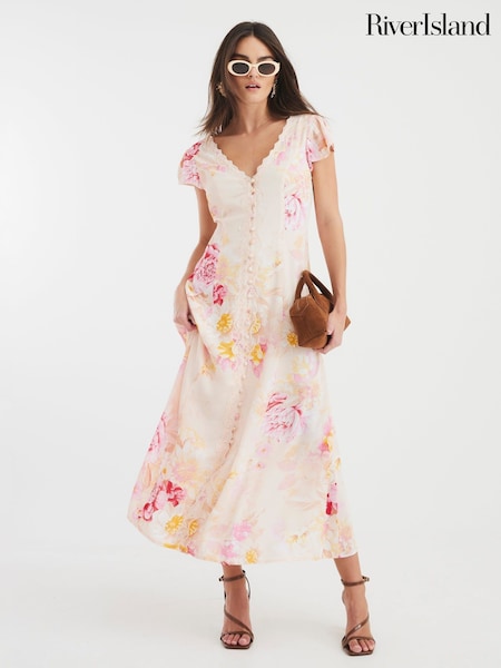 River Island Pink Angel Sleeve Floral Print Midi Dress (H59528) | €60