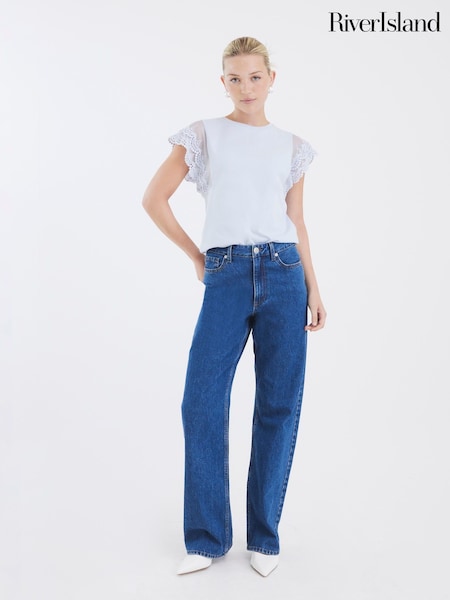 River Island Blue Lace Hybrid Sleeve T-Shirt (H59541) | €42