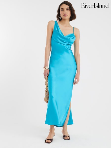 River Island Blue One Shoulder Cowl Neck Maxi Slip Dress (H59553) | €89